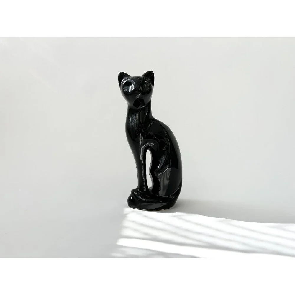 Midcentury Modern Black Ceramic Felt Bottom Vintage Tall Cat Statue - Picture 1 of 10
